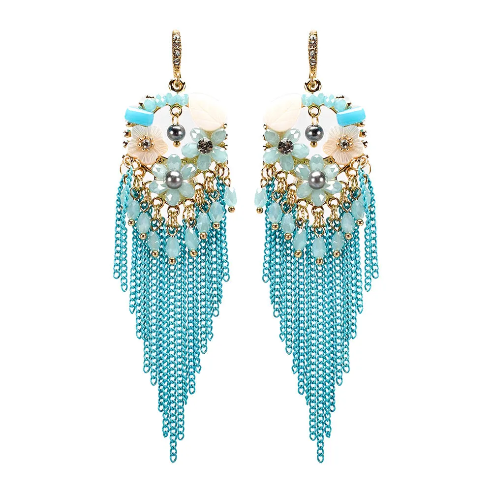 Aqua Chain and Bead Fun Fashion Chandelier Earrings | ERY1112GAQ
