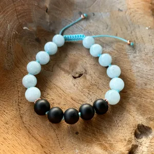 Aquamarine and Matte Black Onyx Adjustable Beaded Bracelet