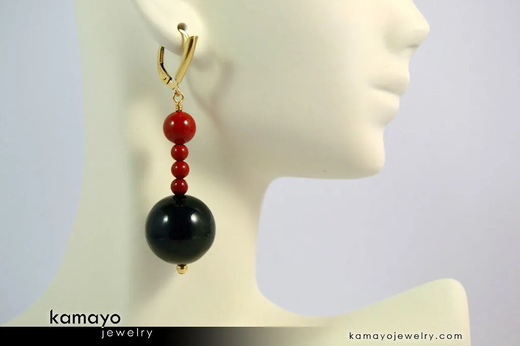 ARIES EARRINGS - Large Green Jasper Ball and Small Red Jasper Beads - Beaded Dangle Ear Rings for Women - 14K Gold Filled Leverback