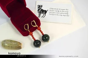 ARIES EARRINGS - Large Green Jasper Ball and Small Red Jasper Beads - Beaded Dangle Ear Rings for Women - 14K Gold Filled Leverback