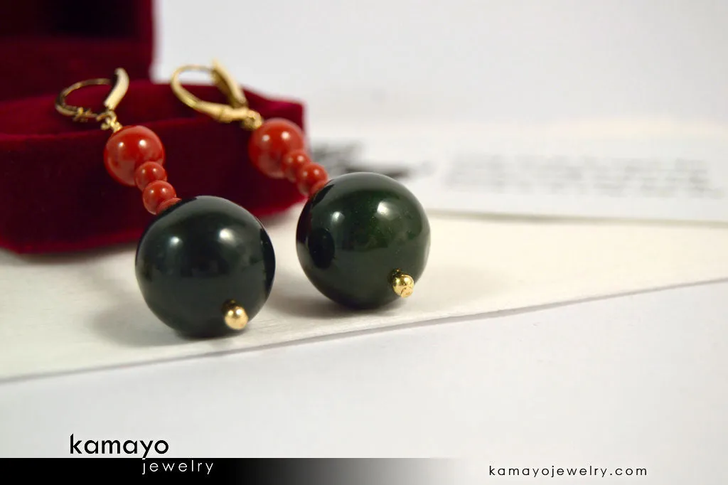 ARIES EARRINGS - Large Green Jasper Ball and Small Red Jasper Beads - Beaded Dangle Ear Rings for Women - 14K Gold Filled Leverback
