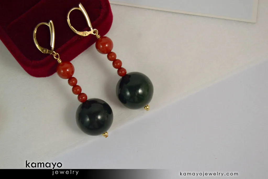 ARIES EARRINGS - Large Green Jasper Ball and Small Red Jasper Beads - Beaded Dangle Ear Rings for Women - 14K Gold Filled Leverback