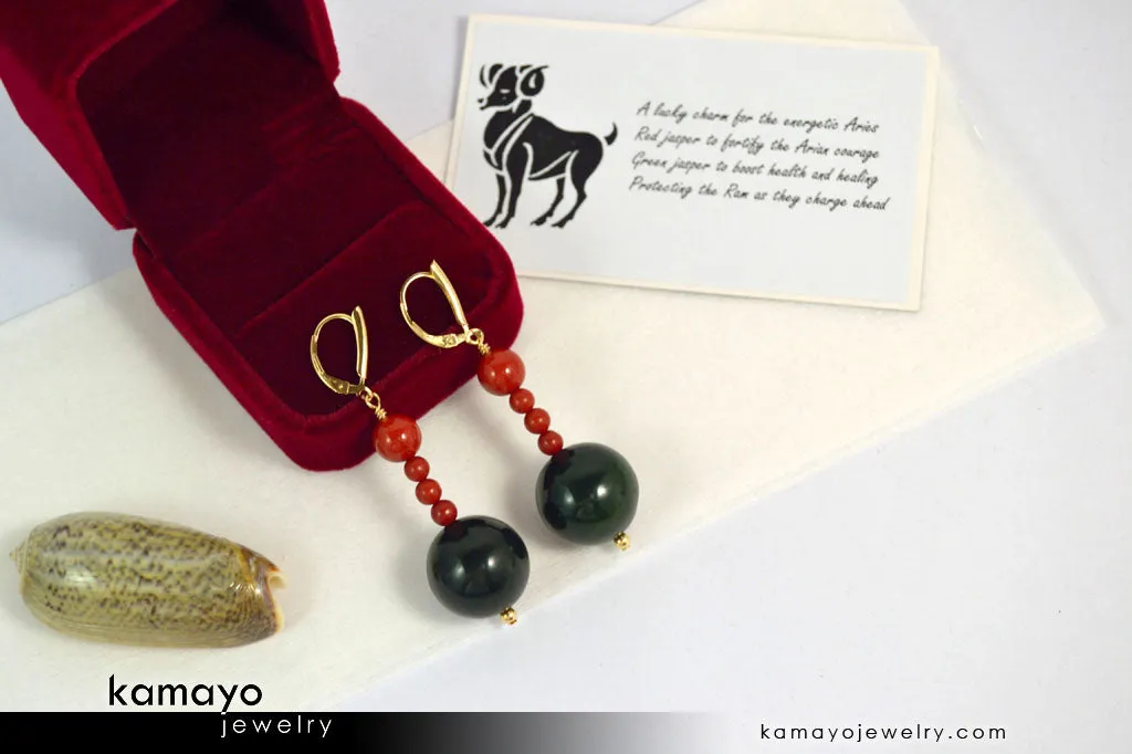 ARIES EARRINGS - Large Green Jasper Ball and Small Red Jasper Beads - Beaded Dangle Ear Rings for Women - 14K Gold Filled Leverback