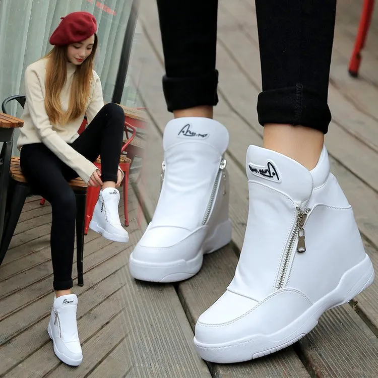 Autumn and Winter Single Shoes Female Increase Casual Double Zipper Wedge Heel Boots Travel Casual High Shoes