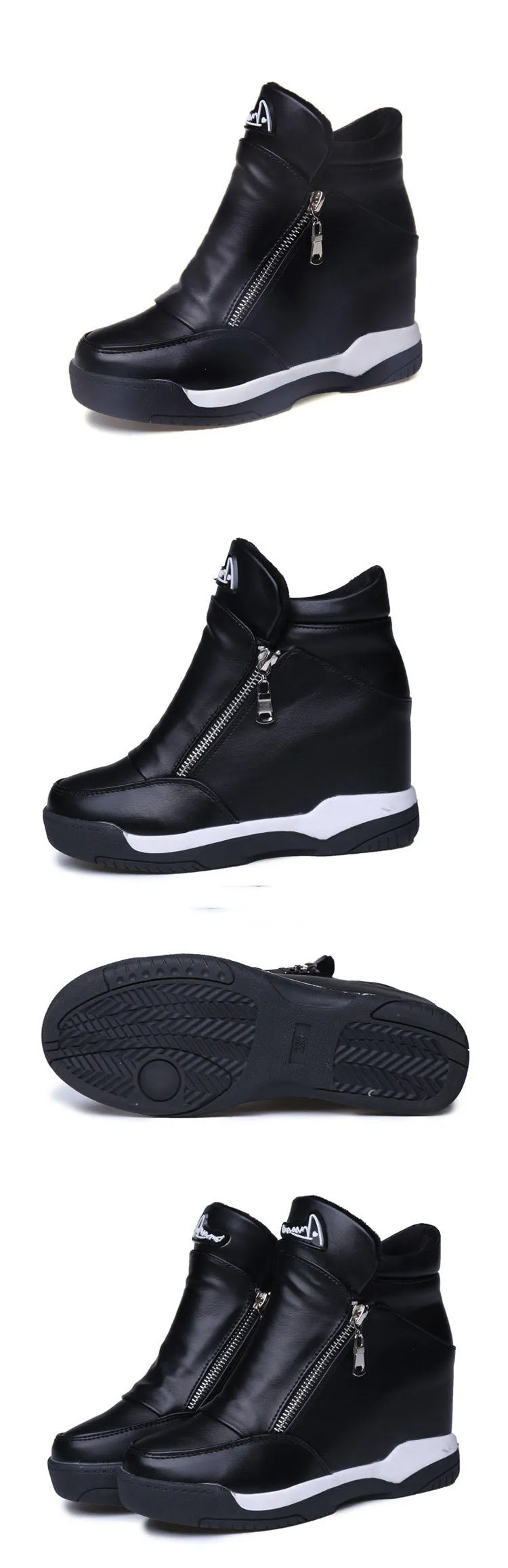 Autumn and Winter Single Shoes Female Increase Casual Double Zipper Wedge Heel Boots Travel Casual High Shoes