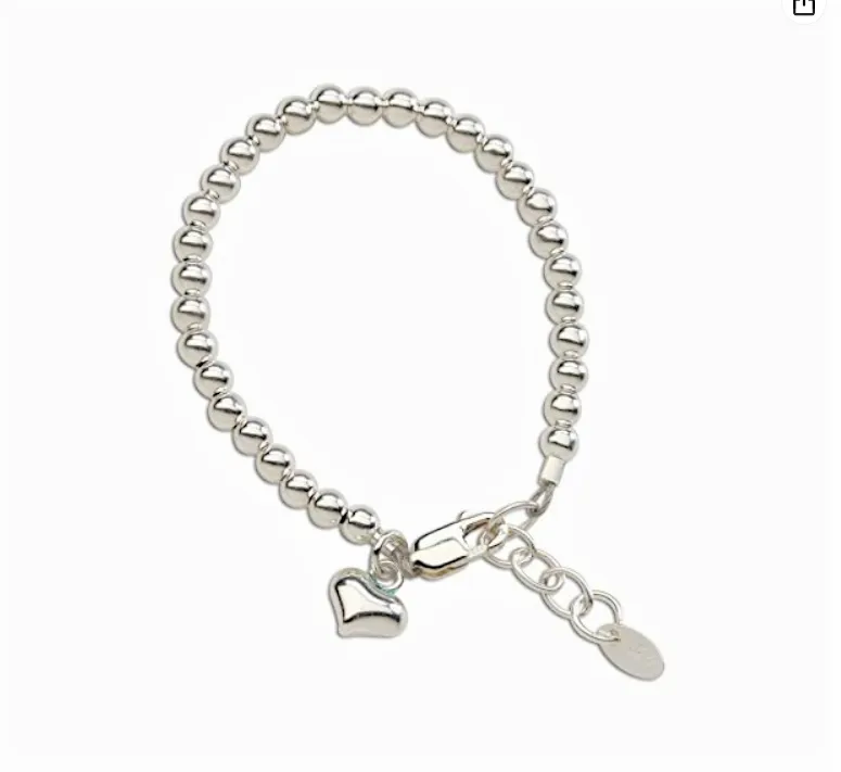 Baby Bracelets:  Sterling Silver Ball Bracelet with Puffed Heart Charm - Newborns