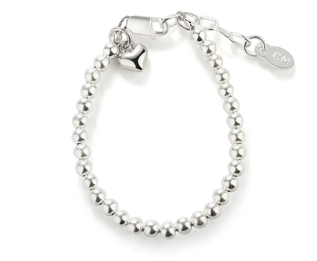 Baby Bracelets:  Sterling Silver Ball Bracelet with Puffed Heart Charm - Newborns