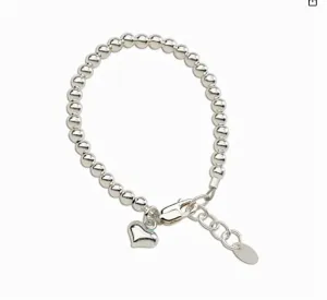 Baby Bracelets:  Sterling Silver Ball Bracelet with Puffed Heart Charm - Newborns