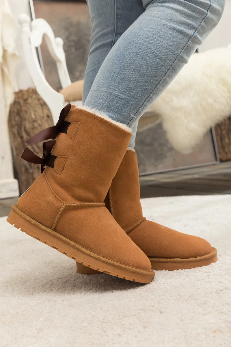 Back Ribbon Double-Bow Suede Boots