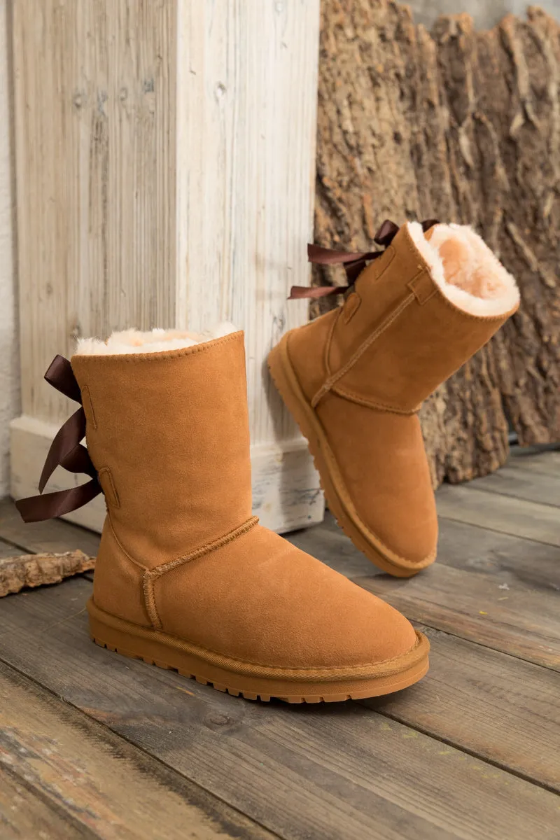 Back Ribbon Double-Bow Suede Boots