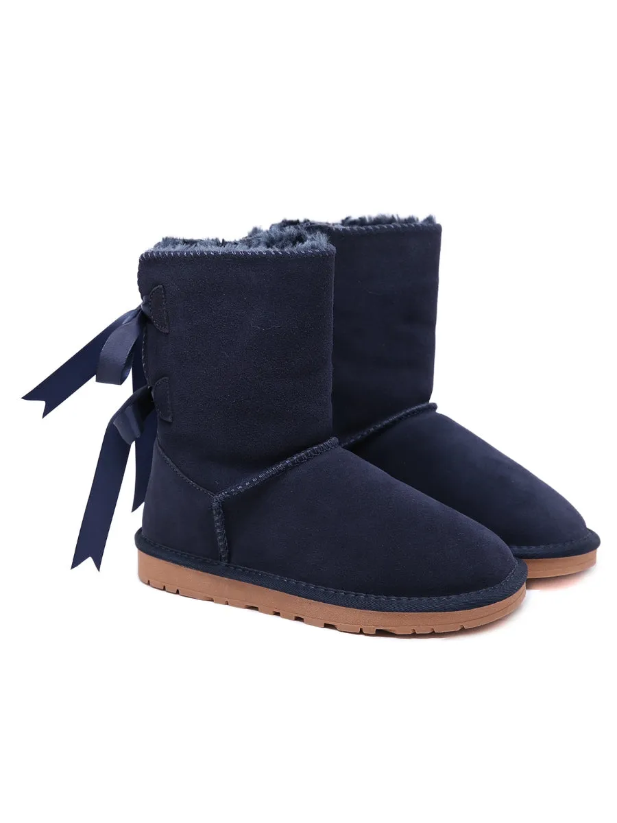 Back Ribbon Double-Bow Suede Boots