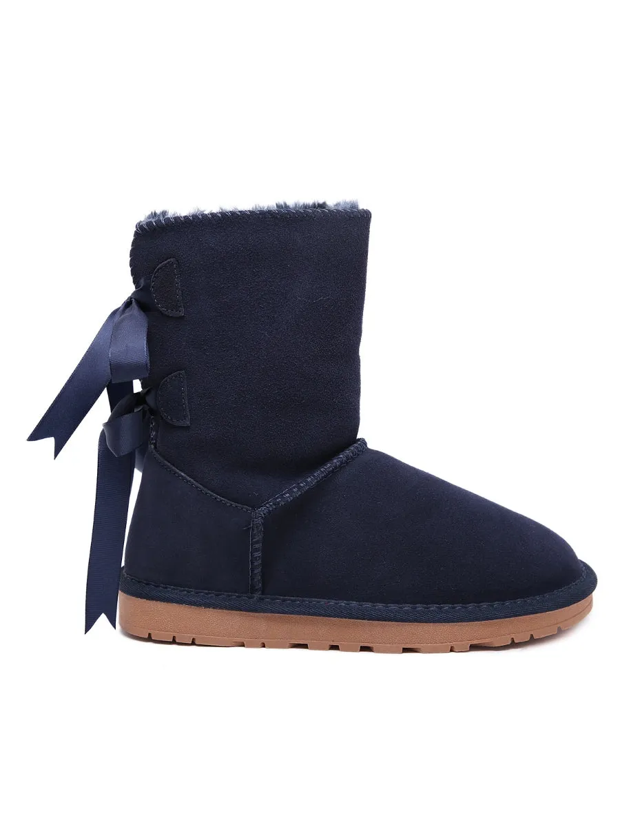 Back Ribbon Double-Bow Suede Boots