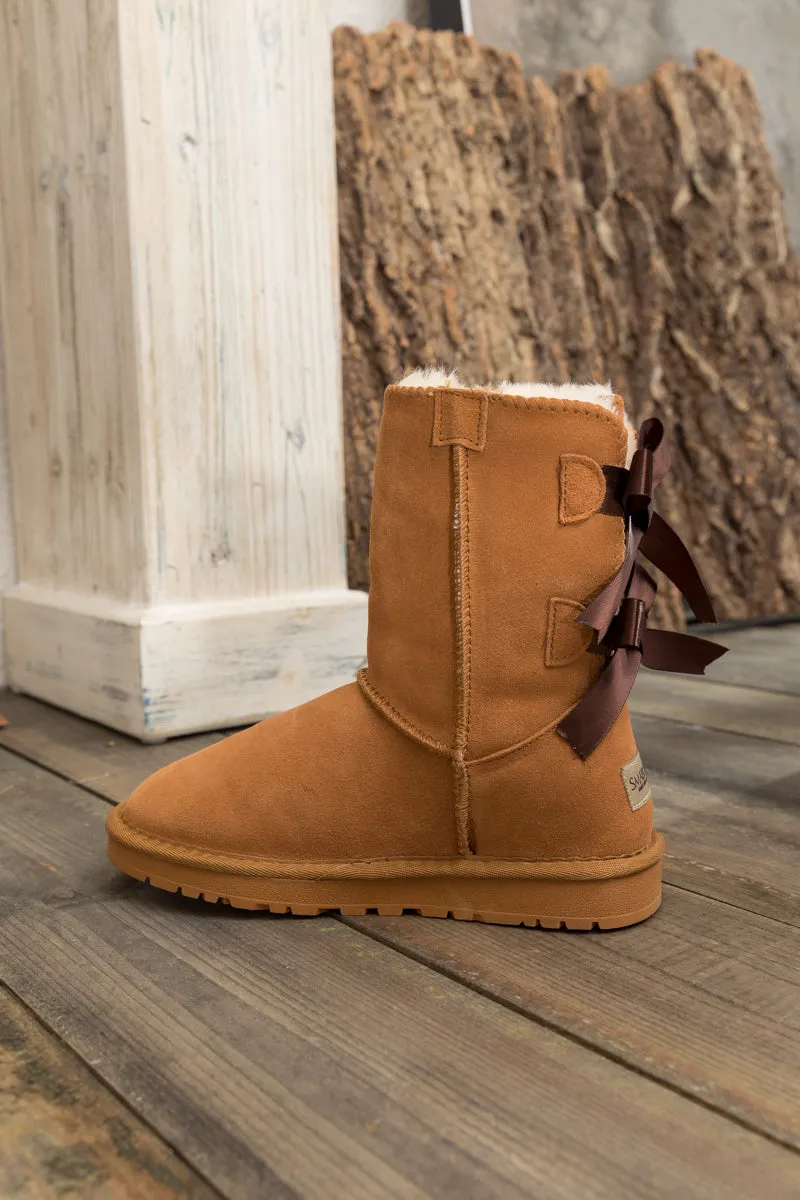 Back Ribbon Double-Bow Suede Boots