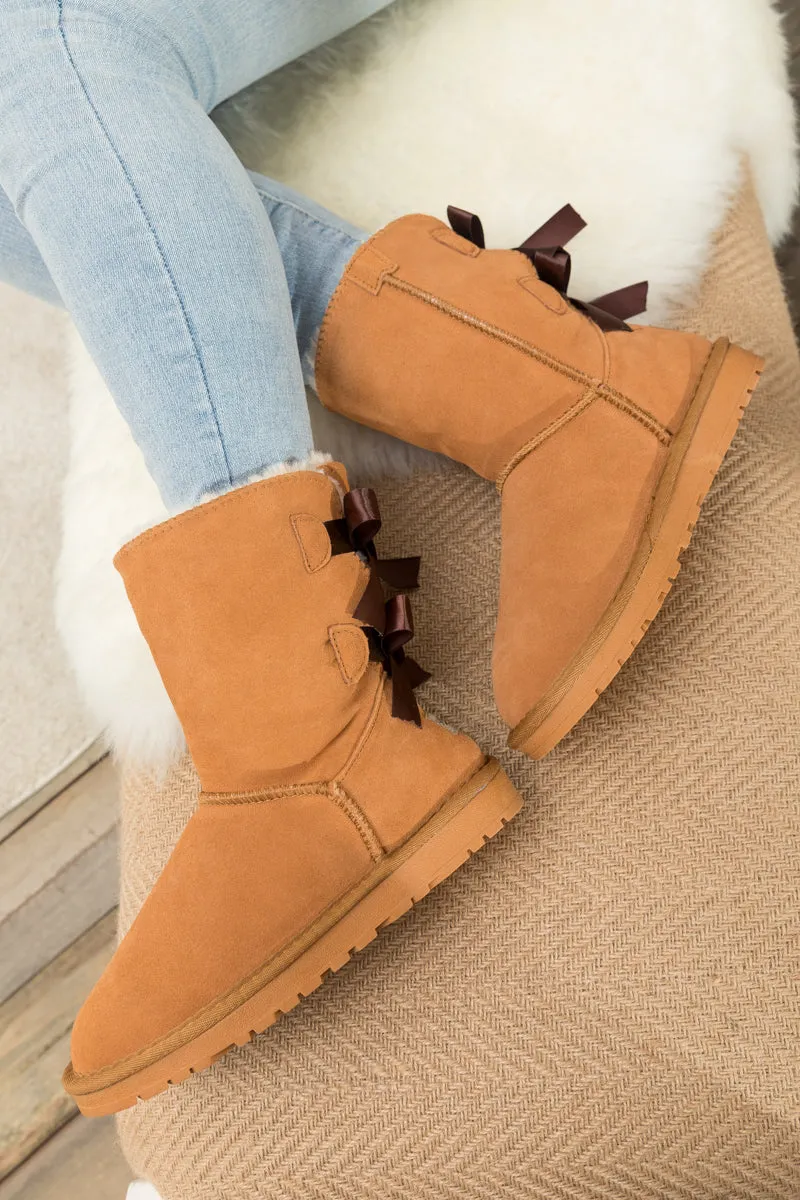 Back Ribbon Double-Bow Suede Boots