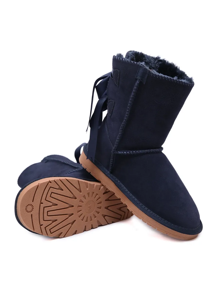 Back Ribbon Double-Bow Suede Boots
