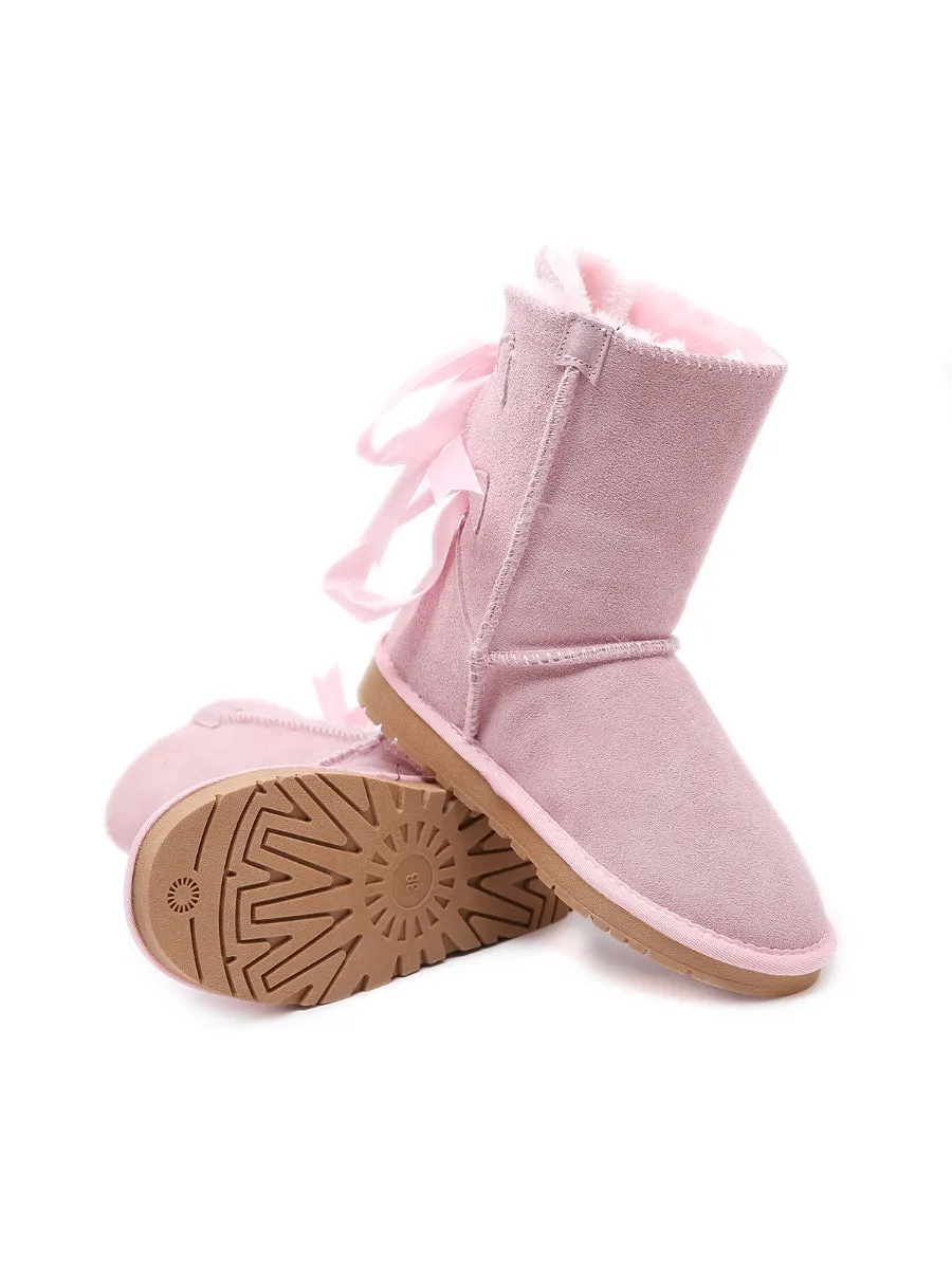 Back Ribbon Double-Bow Suede Boots