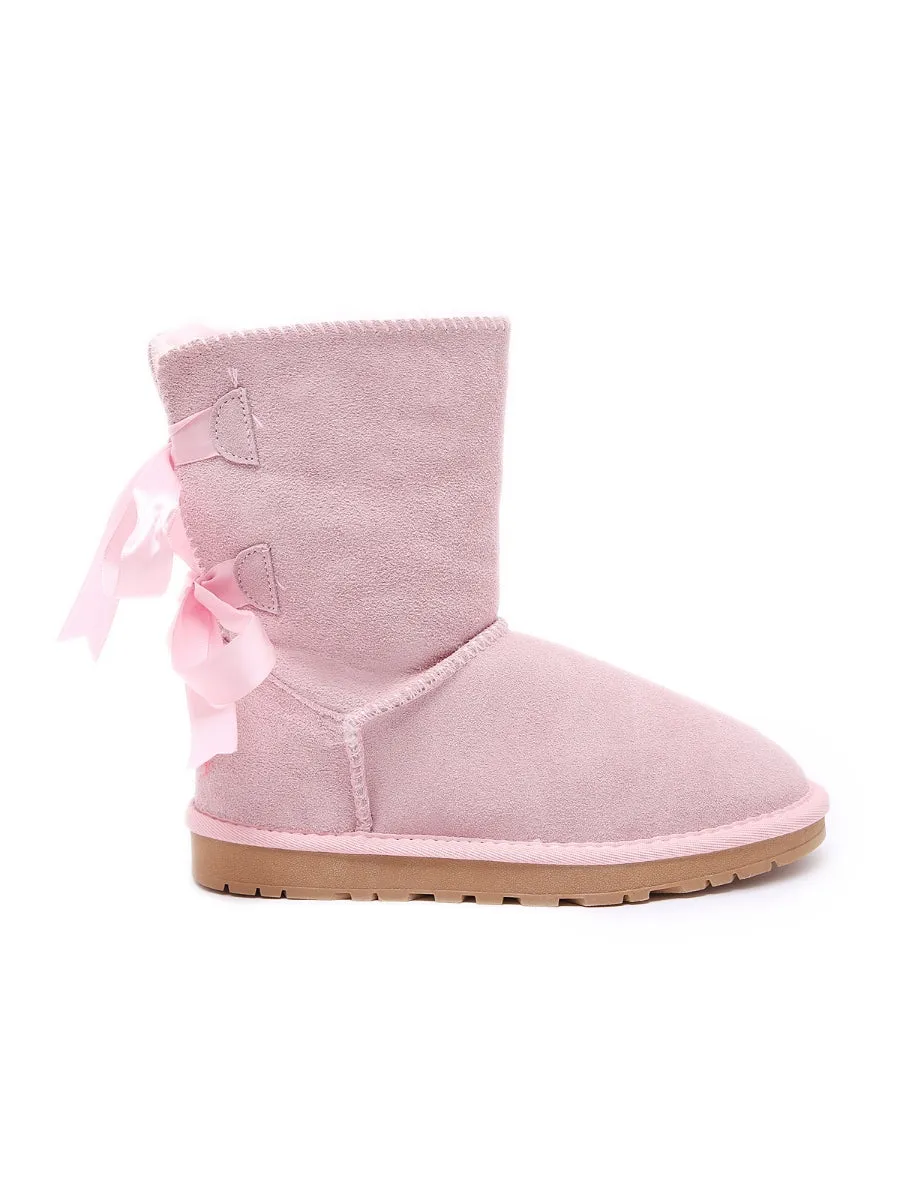 Back Ribbon Double-Bow Suede Boots