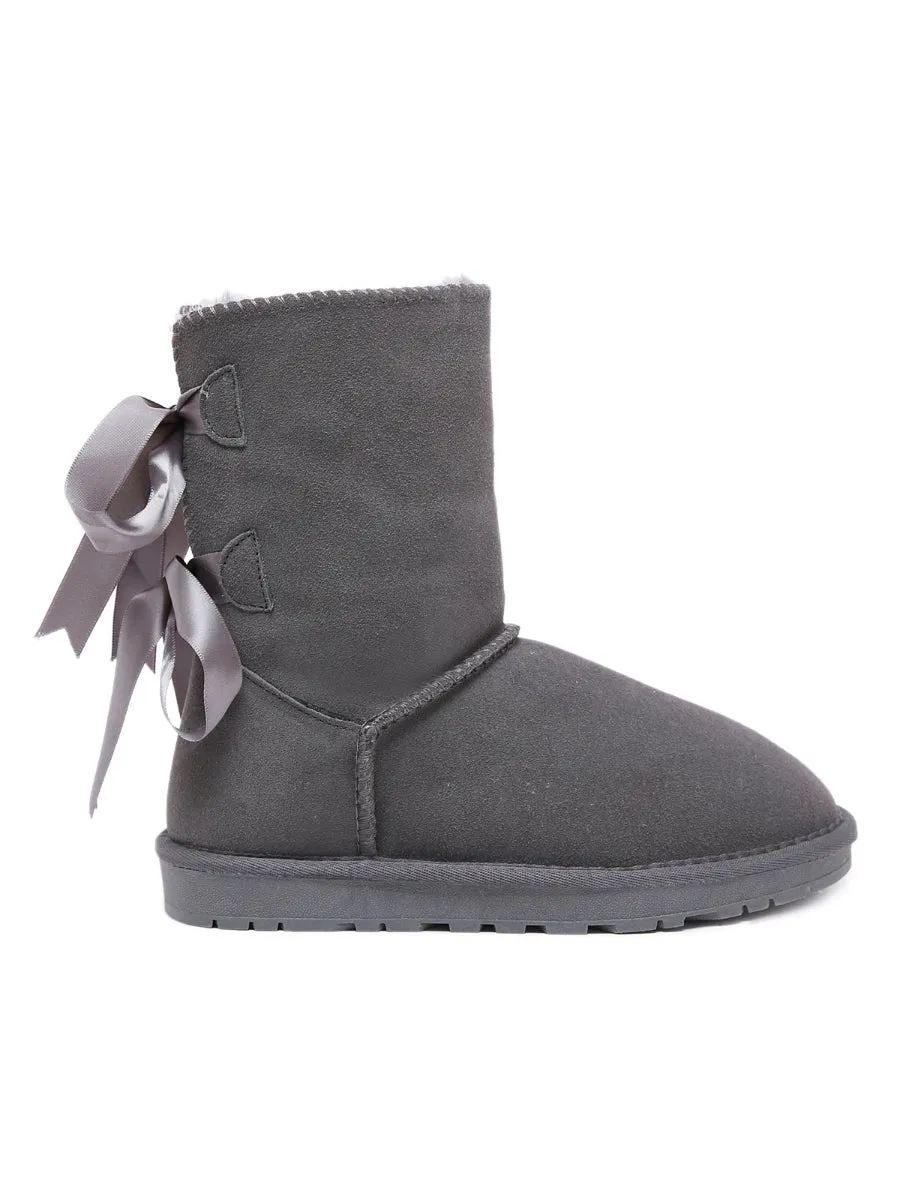 Back Ribbon Double-Bow Suede Boots