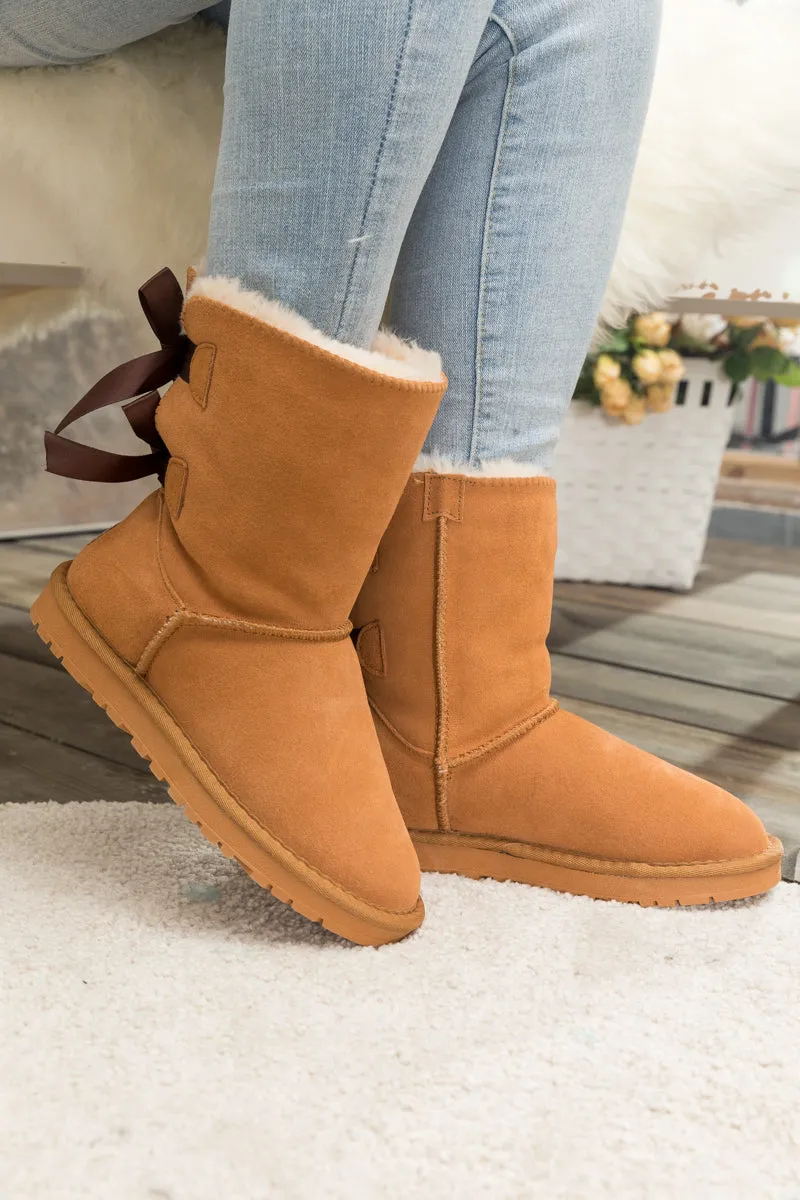 Back Ribbon Double-Bow Suede Boots