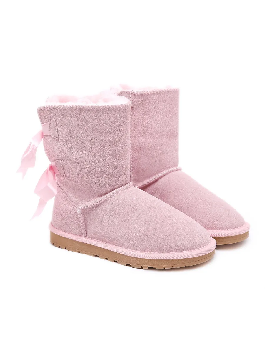 Back Ribbon Double-Bow Suede Boots