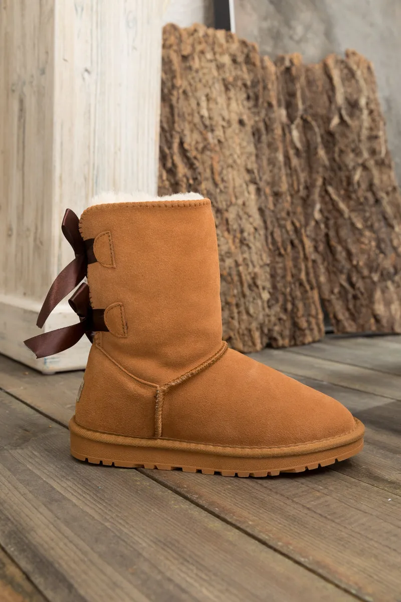 Back Ribbon Double-Bow Suede Boots
