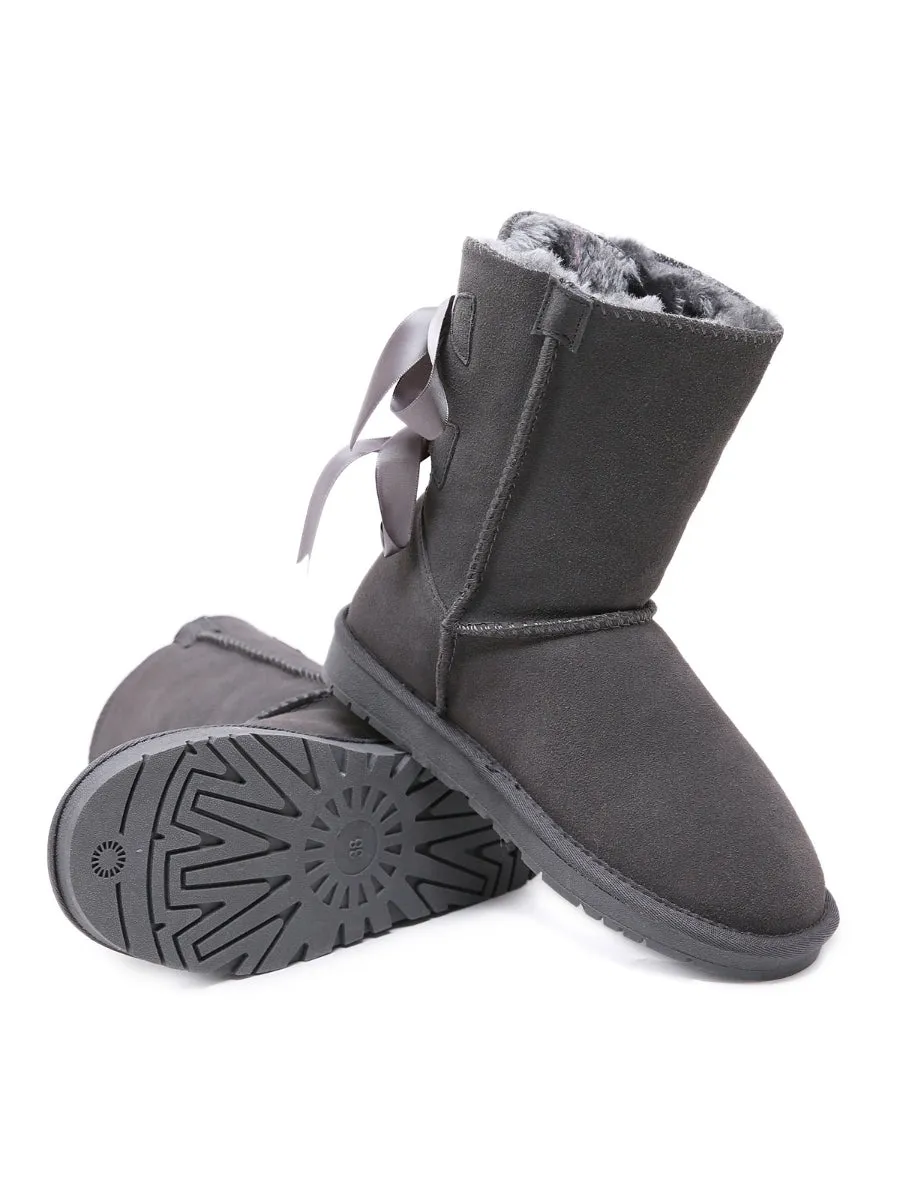 Back Ribbon Double-Bow Suede Boots