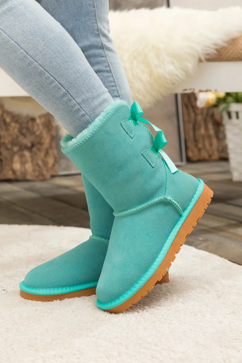 Back Ribbon Double-Bow Suede Boots