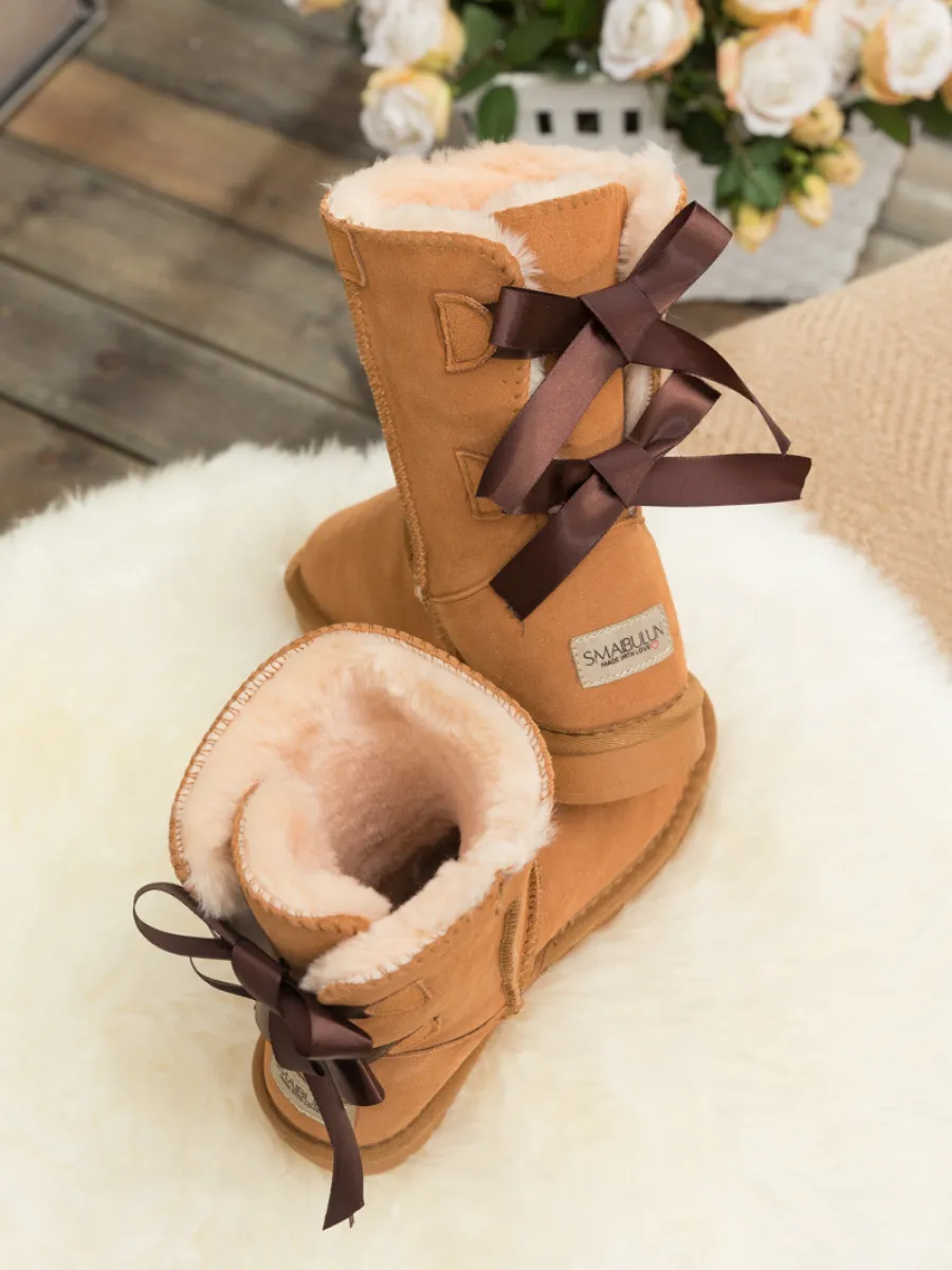 Back Ribbon Double-Bow Suede Boots