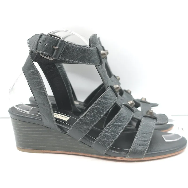 Balenciaga Arena Studded Gladiator Wedge Sandals Dark Gray Leather Size 37