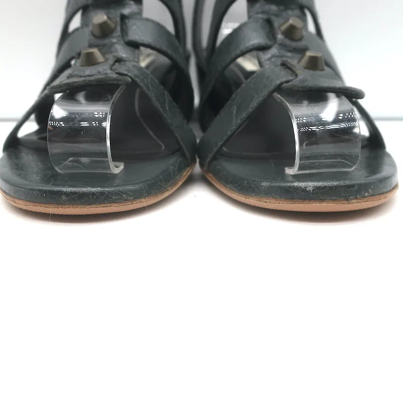 Balenciaga Arena Studded Gladiator Wedge Sandals Dark Gray Leather Size 37