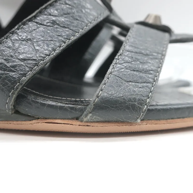 Balenciaga Arena Studded Gladiator Wedge Sandals Dark Gray Leather Size 37