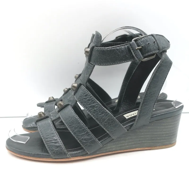 Balenciaga Arena Studded Gladiator Wedge Sandals Dark Gray Leather Size 37