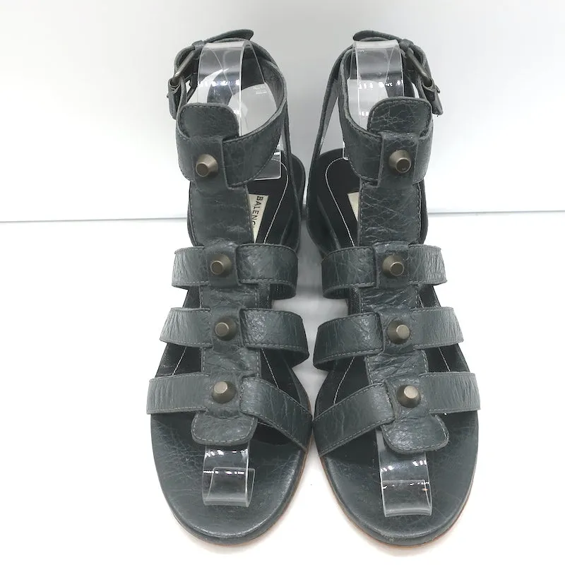 Balenciaga Arena Studded Gladiator Wedge Sandals Dark Gray Leather Size 37