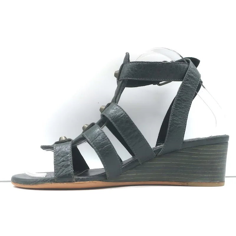 Balenciaga Arena Studded Gladiator Wedge Sandals Dark Gray Leather Size 37