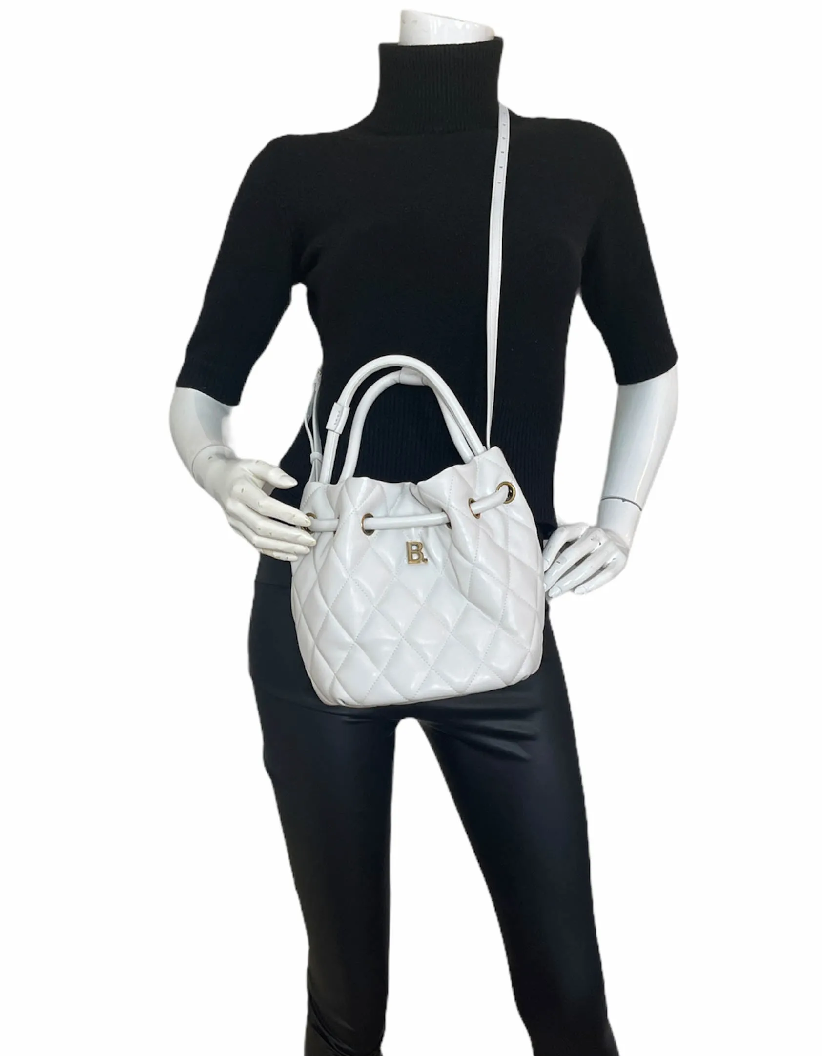 Balenciaga White Leather B Dot Quilted Crossbody Bucket Bag
