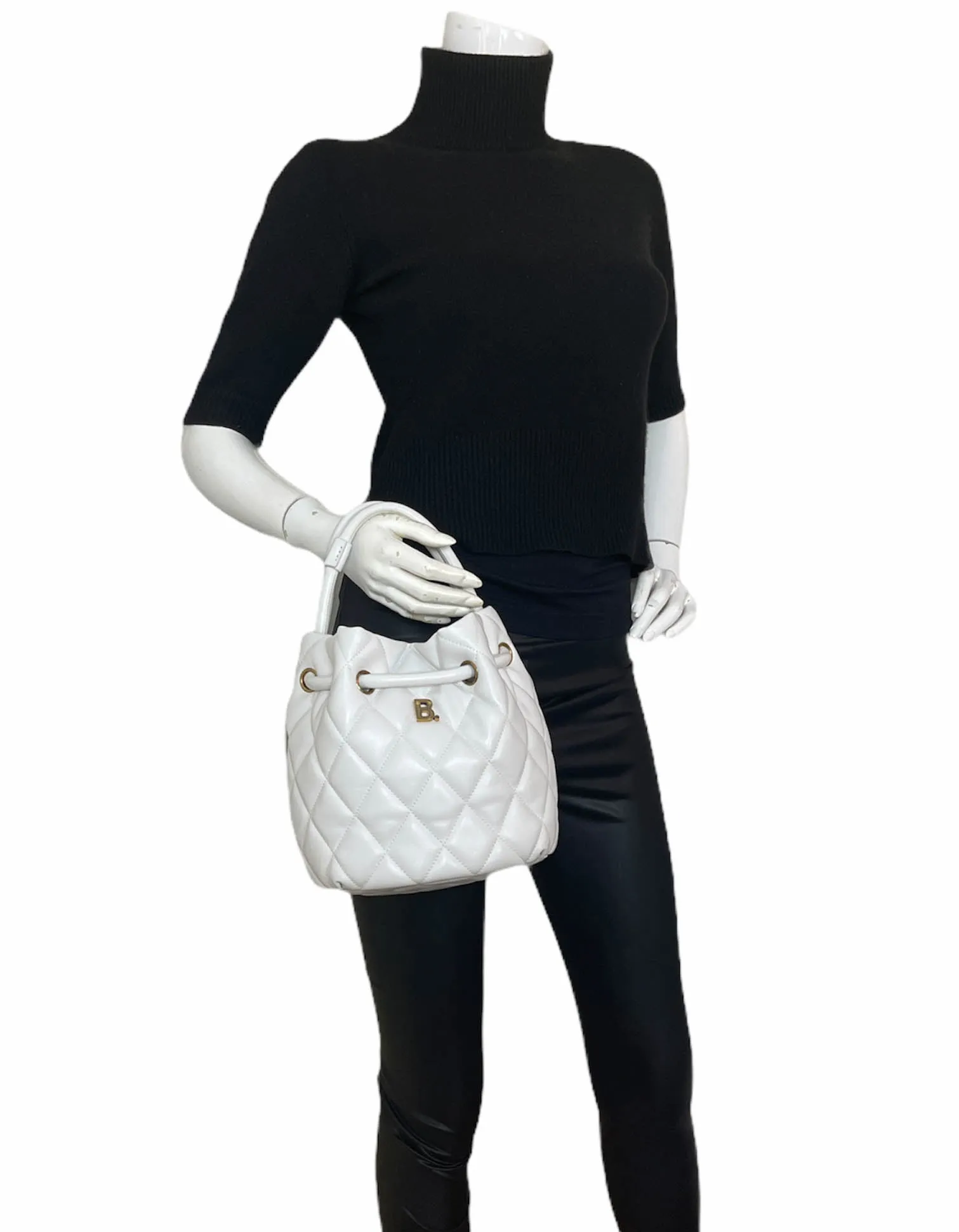 Balenciaga White Leather B Dot Quilted Crossbody Bucket Bag