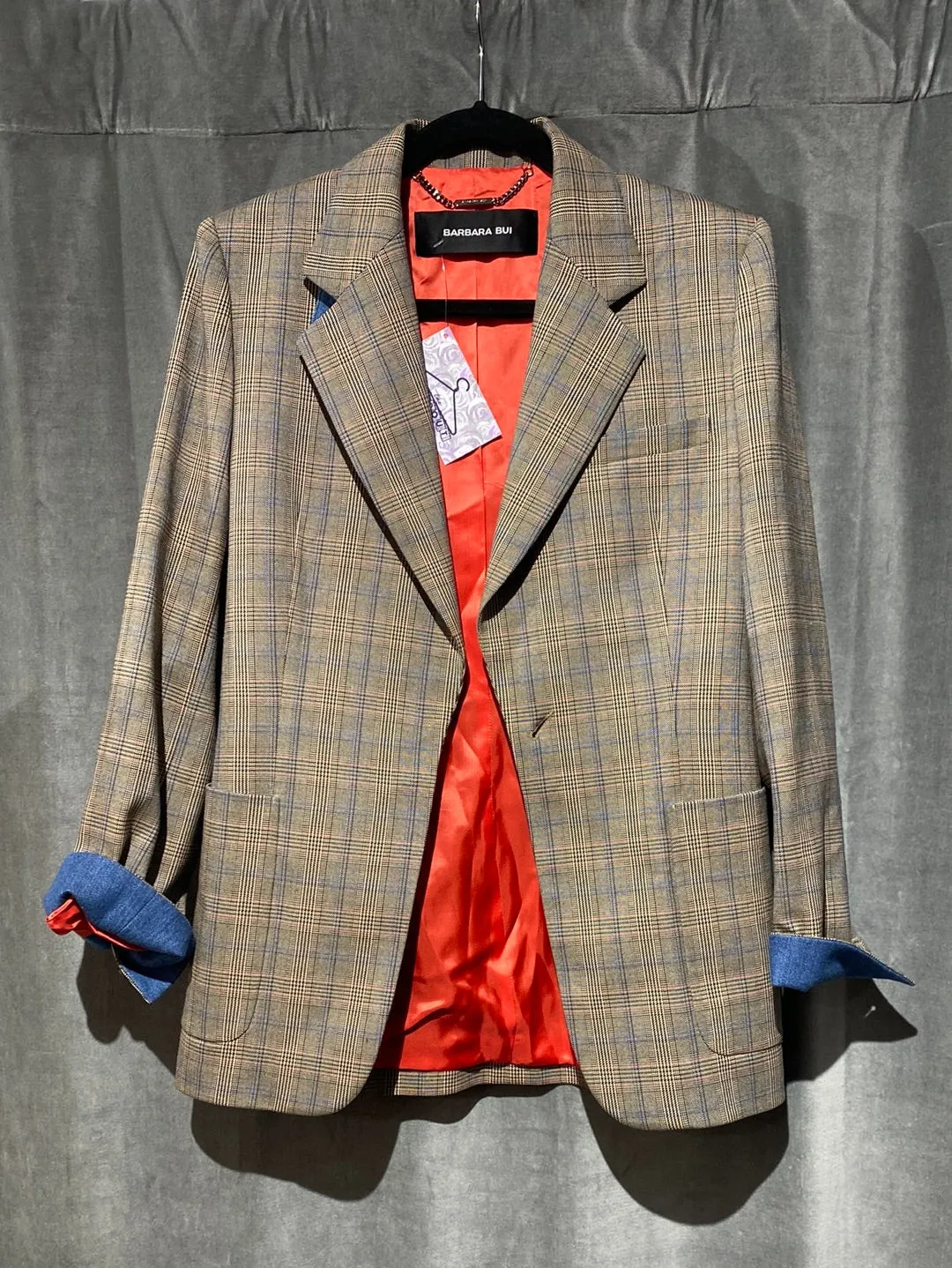 Barbara Bui Plaid Oversized Blazer with Lightwash Denim Trim