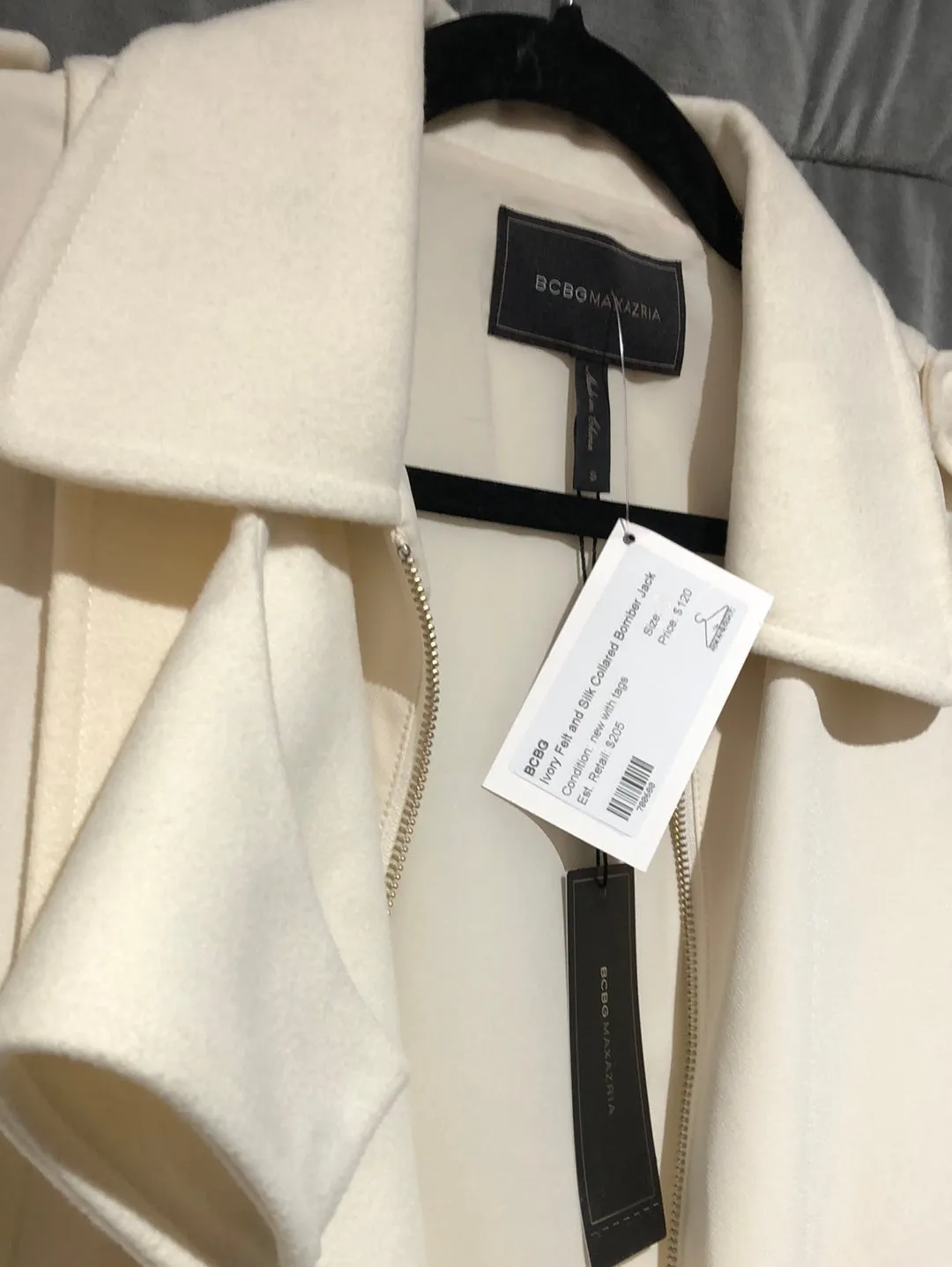 BCBG Ivory Felt and Silk Collared Bomber Jacket