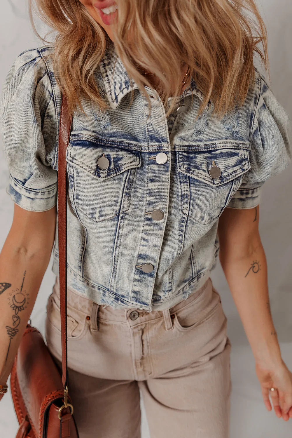 Beau Blue Light Wash Buttoned Chest Pocket Puff Sleeve Denim Jacket