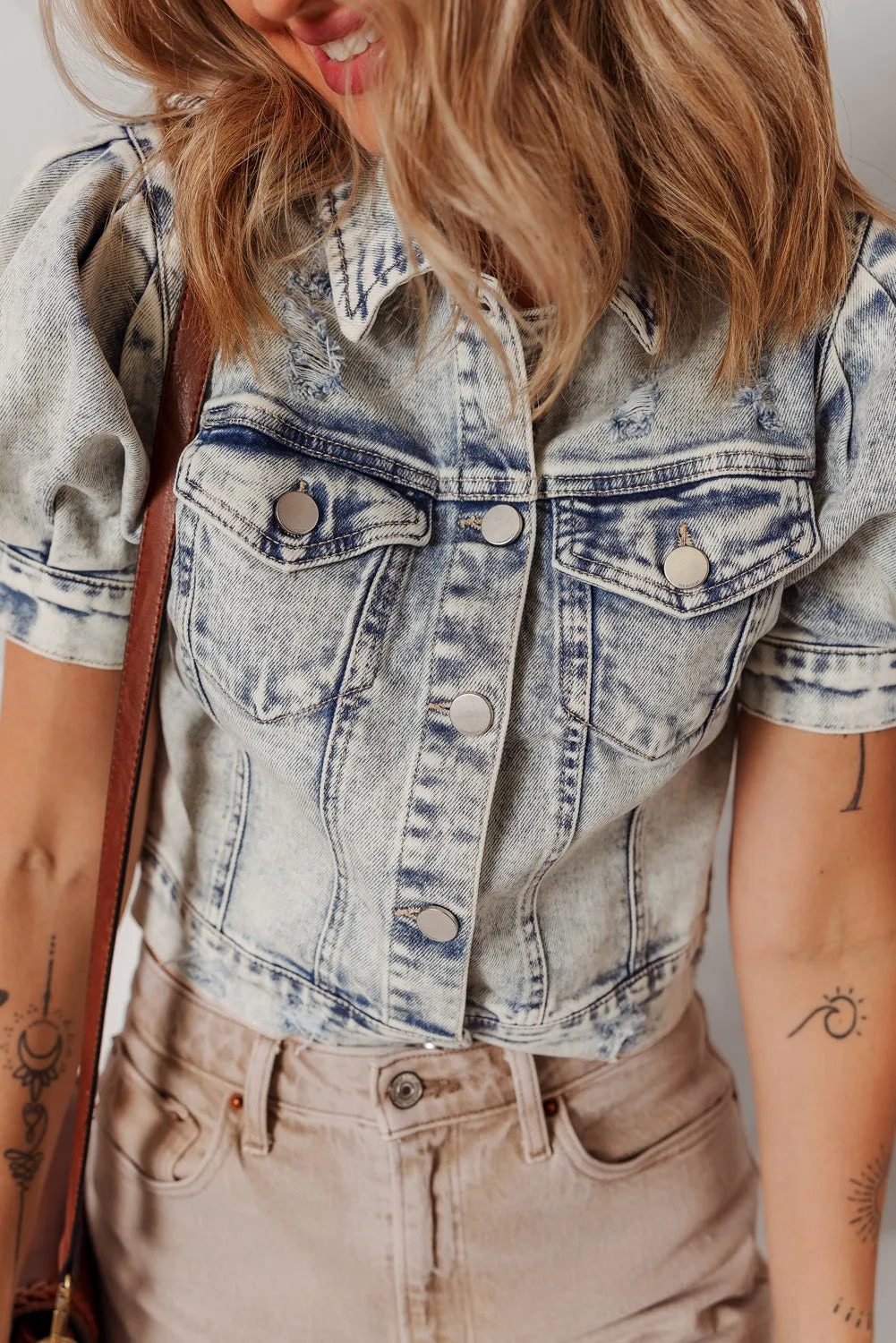 Beau Blue Light Wash Buttoned Chest Pocket Puff Sleeve Denim Jacket