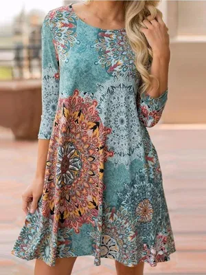 BerryBetty - Green Long Sleeve Bohemia Printed Round-Neck Mini Dress