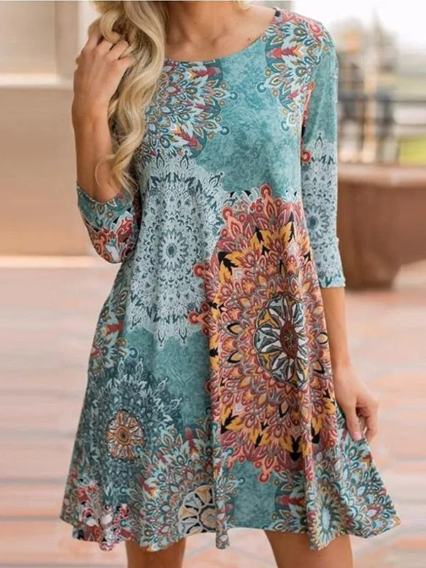 BerryBetty - Green Long Sleeve Bohemia Printed Round-Neck Mini Dress