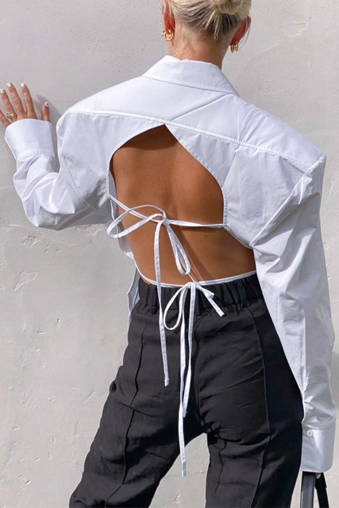 BerryBetty - White Backless Lace Up Shoulder Pads Long Sleeve Blouse