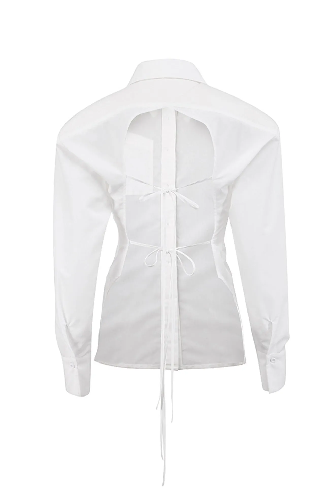 BerryBetty - White Backless Lace Up Shoulder Pads Long Sleeve Blouse