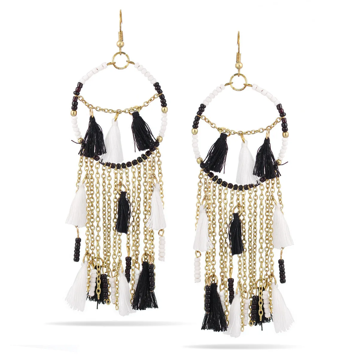 BLACK AND WHITE BEADS THREAD TASSEL  EARRING #KBI-ER-K1694-BLK (PF6)
