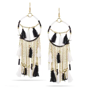 BLACK AND WHITE BEADS THREAD TASSEL  EARRING #KBI-ER-K1694-BLK (PF6)
