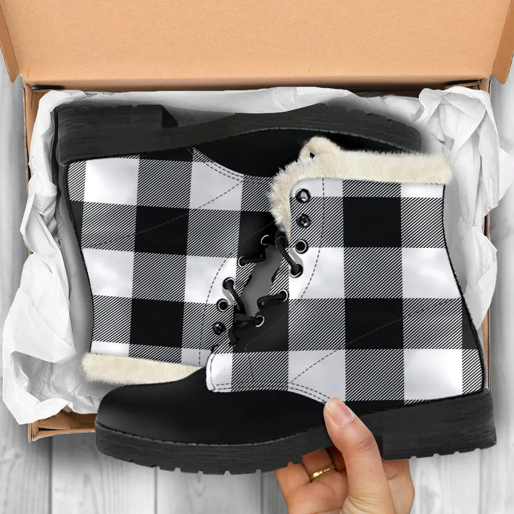 Black and White Buffalo Check Vegan Leather Faux Fur Lined Winter Boots Color Block With White Black Toe