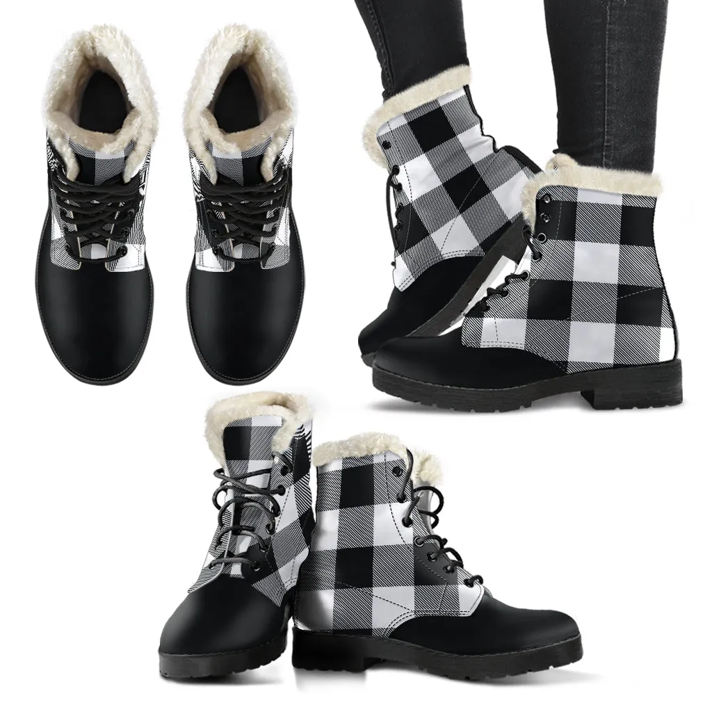 Black and White Buffalo Check Vegan Leather Faux Fur Lined Winter Boots Color Block With White Black Toe