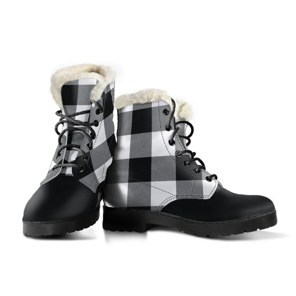 Black and White Buffalo Check Vegan Leather Faux Fur Lined Winter Boots Color Block With White Black Toe
