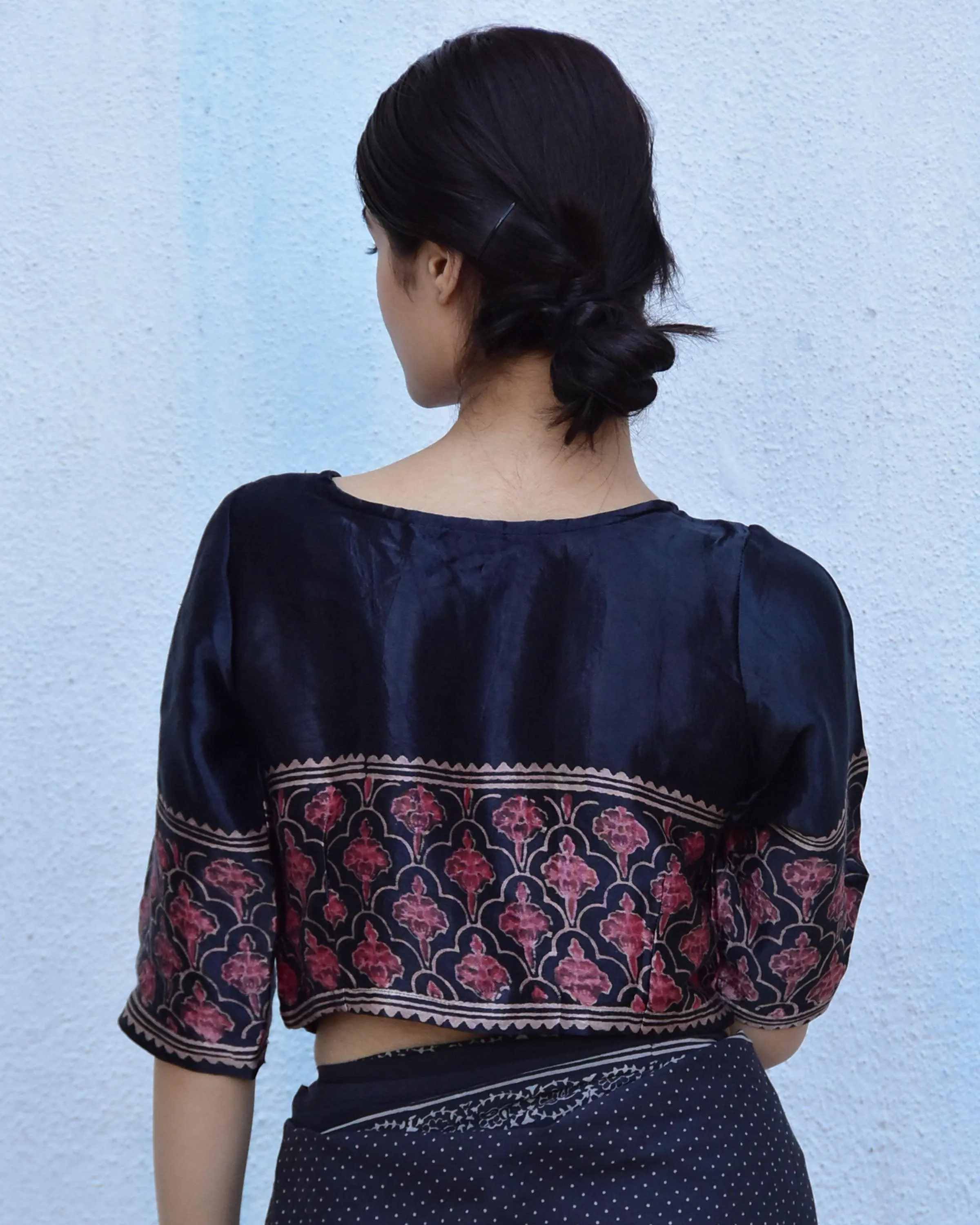 Black Blockprinted Crop Top Mashru Silk Blouse
